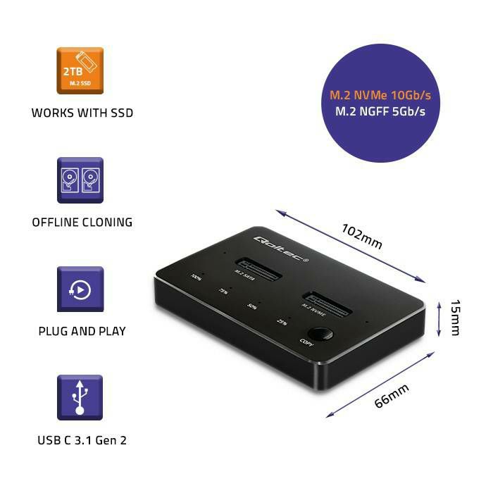 Priključna (docking) stanica za Qoltec M.2 SSD disk | NVMe | SATA | USB-C | DUAL 2 x 2TB - "kloniranje jednim dodirom"